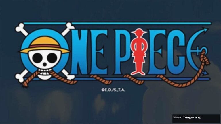Logo anime One Piece dengan tengkorak topi jerami, karakter, dan jangkar.