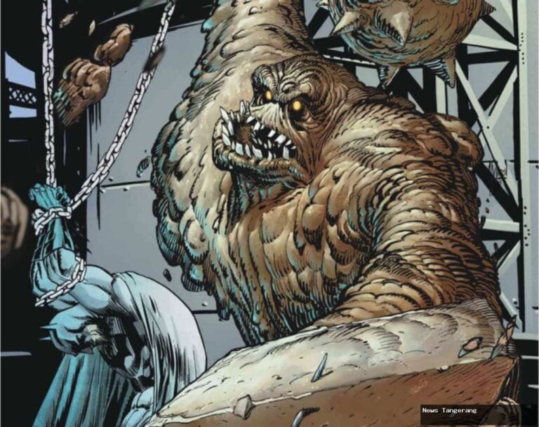 Ilustrasi Clayface mengikat Batman, dengan detail tekstur tanah liat dan ekspresi menakutkan.