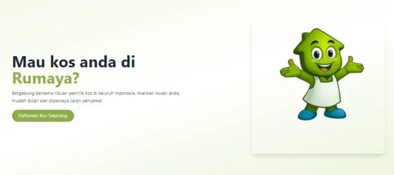 Maskot hijau berbentuk rumah tersenyum dengan tangan terbuka, promosi Rumayakos.