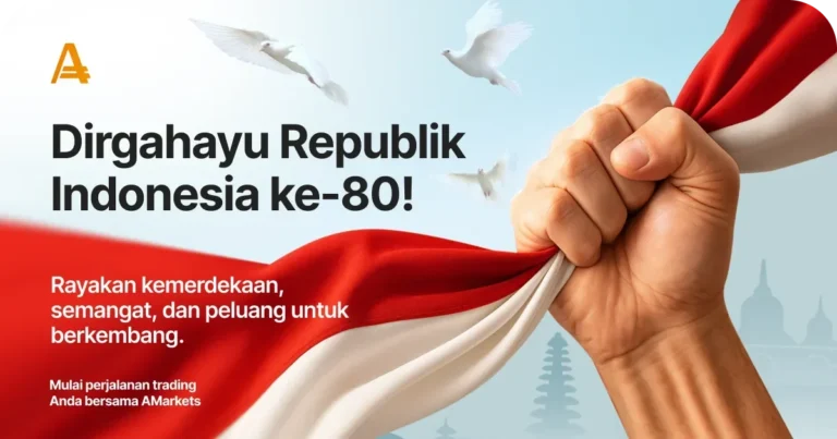 Tangan mengepal bendera merah putih, logo AMarkets, HUT ke-80 RI.