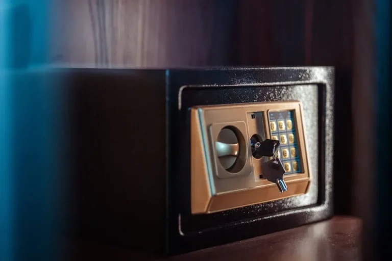 Close-up image of an electronic safe with a key in Baghdad, Iraq.