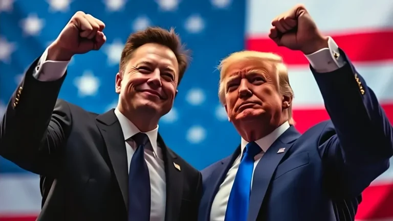 Donald Trump dan Elon Musk berpose di depan bendera Amerika Serikat.