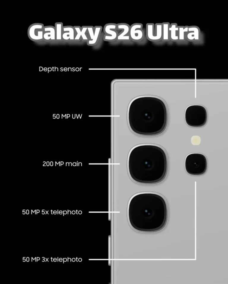 Bocoran desain kamera belakang Samsung Galaxy S26 Ultra dengan detail resolusi.