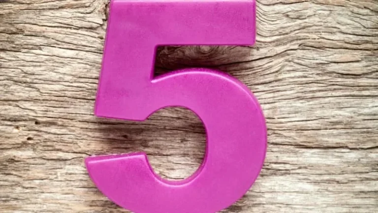 Angka 5 berwarna pink magenta di atas latar belakang kayu rustic.