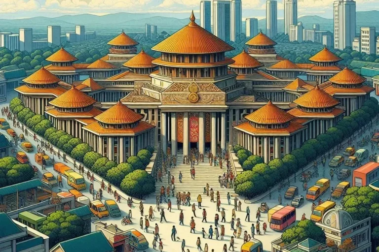 Ilustrasi kompleks bangunan dengan arsitektur khas dan lalu lintas ramai di depannya.