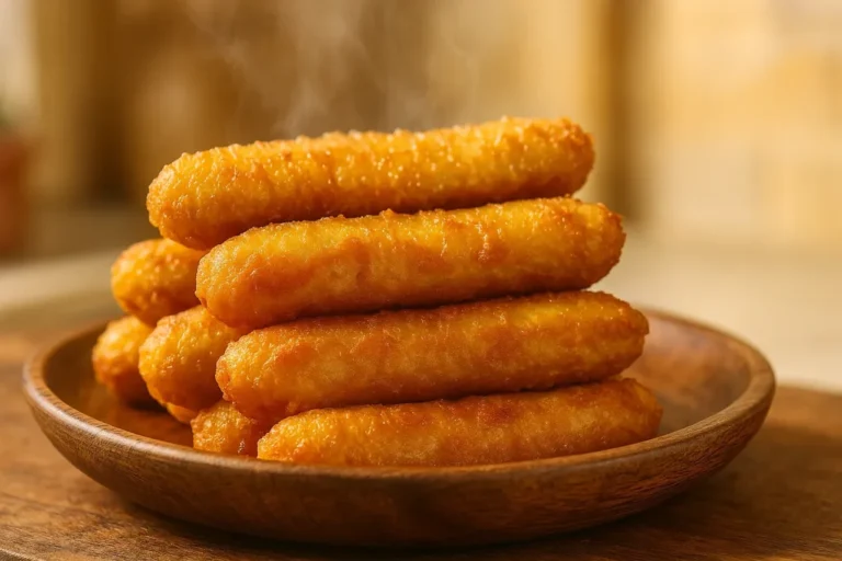 Tumpukan pisang goreng renyah di atas piring kayu, tampak mengepul hangat.