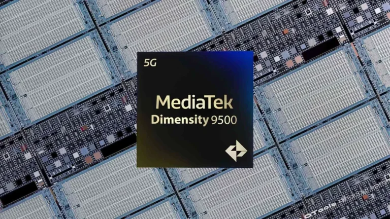 Logo MediaTek Dimensity 9500 di atas wafer silikon.