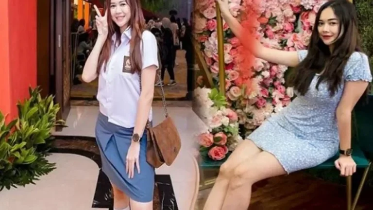 Kolase foto Aura Kasih dalam dua penampilan berbeda, busana sekolah dan gaun biru.