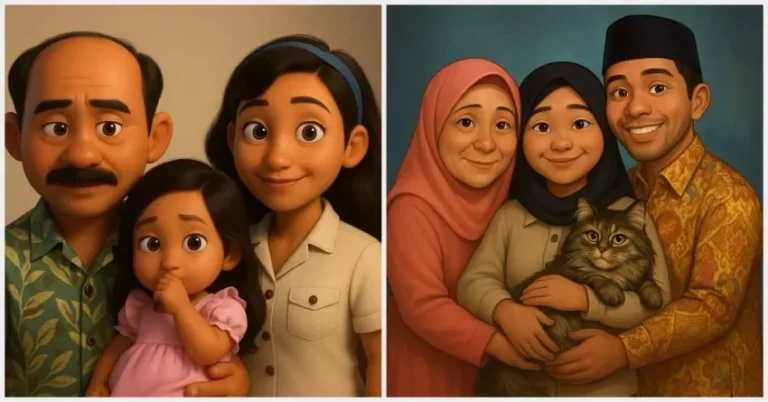 Ilustrasi dua foto keluarga yang dibuat dengan AI; bergaya kartun dan menawan.