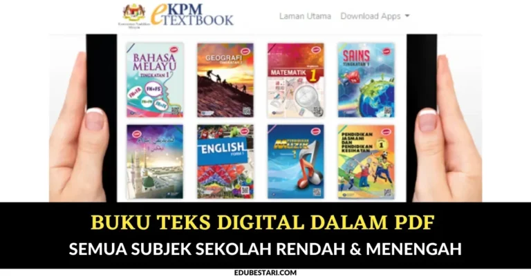 Tangan memegang tablet menampilkan berbagai sampul buku teks digital.