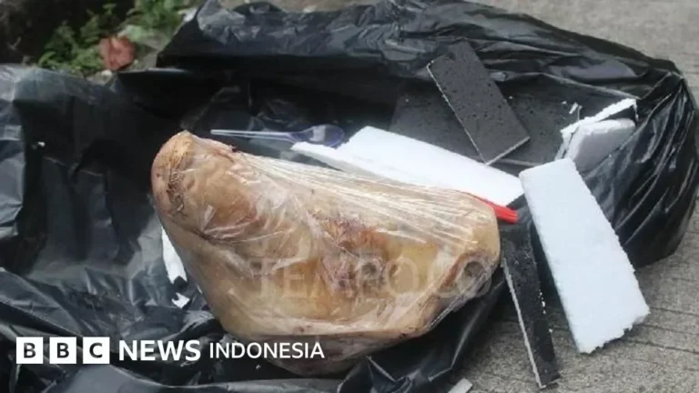 Bungkusan berisi kepala babi dalam kantong plastik di dalam kantong sampah.