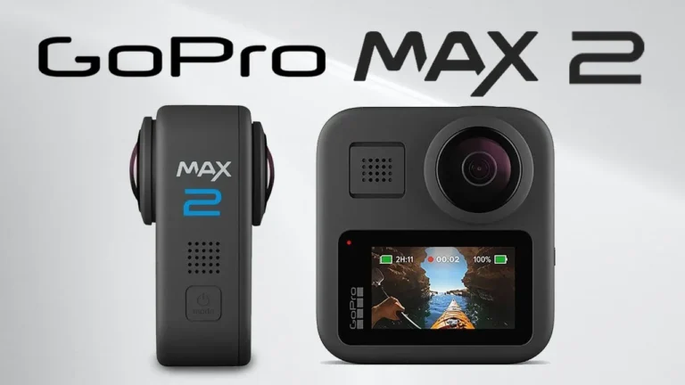 Kamera aksi GoPro MAX 2 360 derajat, tampilan depan dan layar.