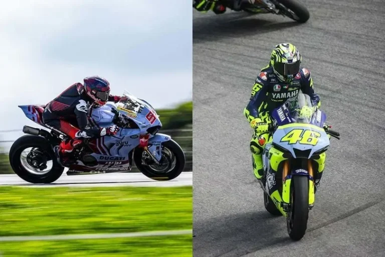 Marc Marquez dengan Ducati dan Valentino Rossi dengan Yamaha di lintasan.