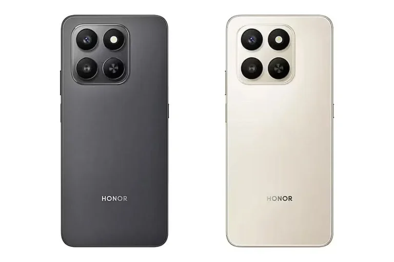Tampak belakang dua ponsel Honor X7d 5G, warna abu-abu dan putih, modul kamera.