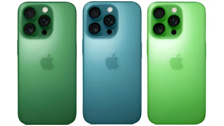 Tiga unit iPhone dalam warna hijau dan biru dengan logo Apple.
