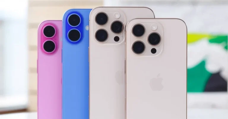 Deretan iPhone 17 berbagai warna; pink, biru, dan putih, tampak belakang.