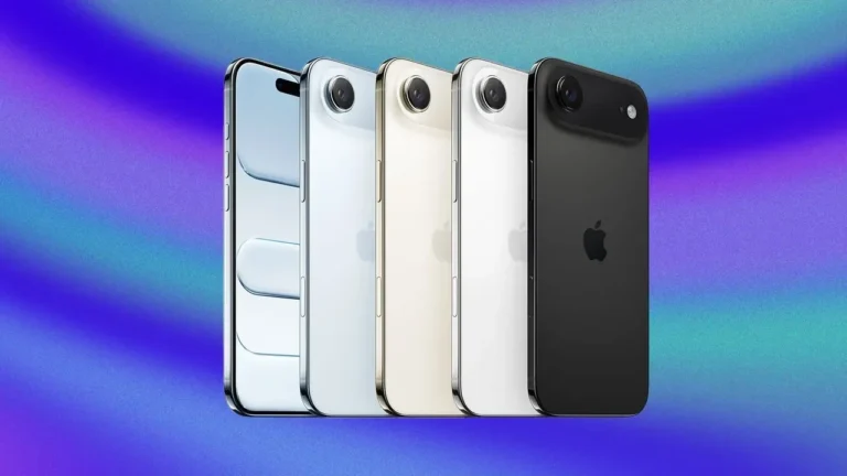 Deretan iPhone Air berbagai warna, tampak belakang dengan logo Apple.