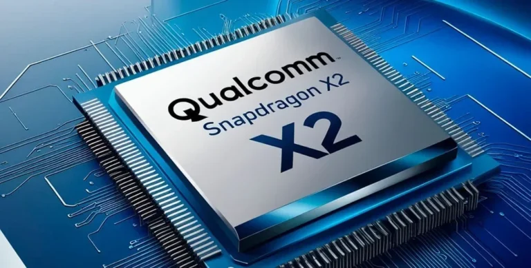 Ilustrasi chipset Qualcomm Snapdragon X2 dengan detail sirkuit biru.