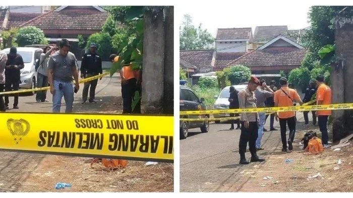 Lokasi ledakan di Pondok Cabe Ilir dipasangi garis polisi, warga berkerumun.