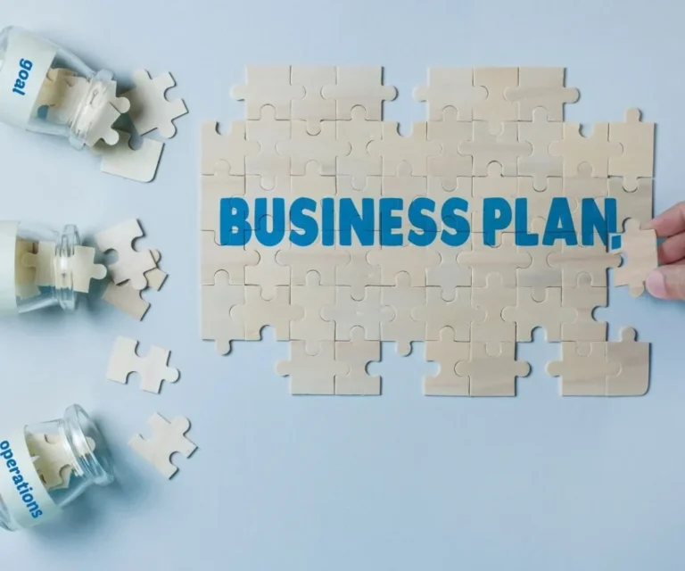Puzzle bertuliskan "Business Plan" dengan toples "Goal" dan "Operations" di sampingnya.