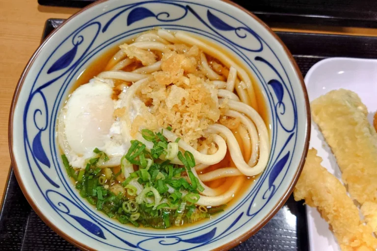 Semangkuk udon hangat dengan telur, taburan remah, dan irisan daun bawang di Marugame Udon.