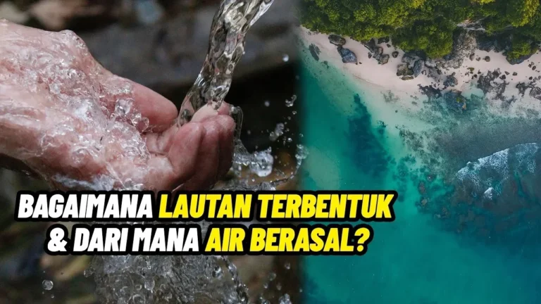 Ilustrasi air mengalir di tangan dan pemandangan laut dari atas.