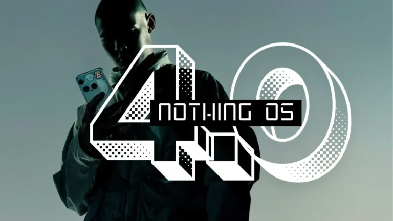 Promosi Nothing OS 4.0 dengan pria memegang ponsel Nothing dan logo besar.