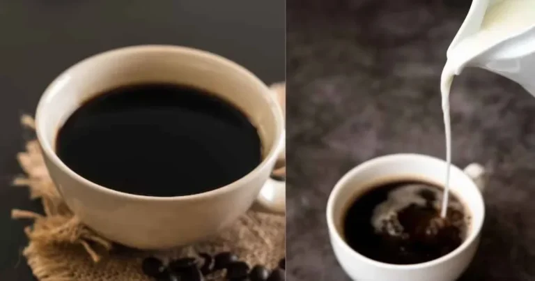 Dua cangkir kopi, satu hitam dan satu ditambahkan krimer.