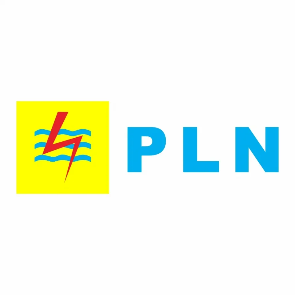 Logo PLN dengan petir merah, gelombang biru, dan tulisan PLN warna biru.