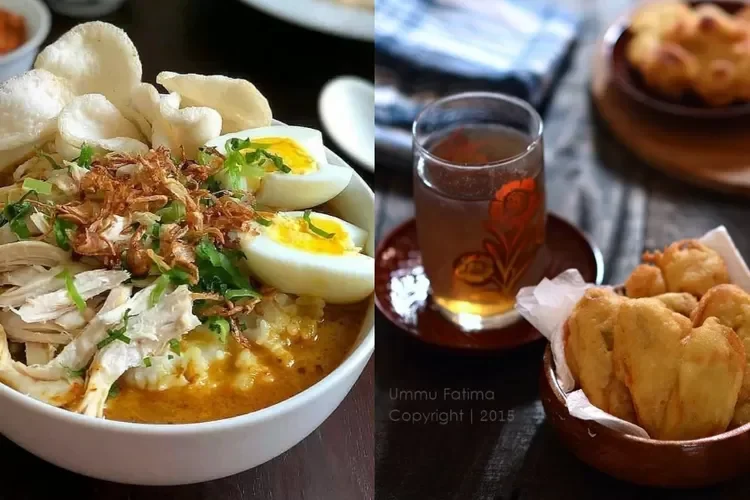 Bubur ayam hangat, teh manis, dan pisang goreng, hidangan pas saat hujan.