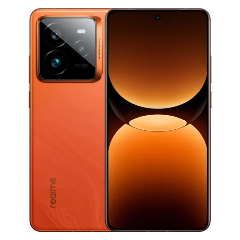 Realme GT 8 Pro warna oranye, tampak belakang dengan modul kamera besar dan layar penuh.
