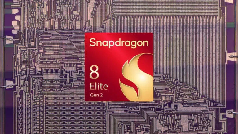 Logo Snapdragon 8 Elite Gen 2 tumpang tindih pada visual sirkuit chip.