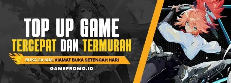Ilustrasi karakter game dengan tulisan "Top Up Game Tercepat dan Termurah".