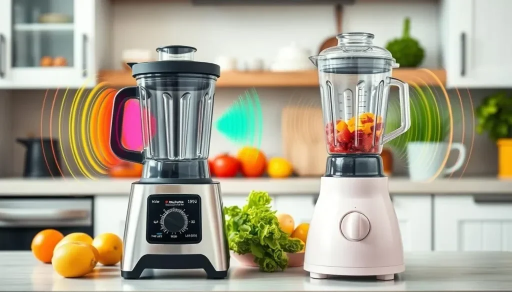 Dua blender modern dengan efek suara bising di dapur rumah minimalis.