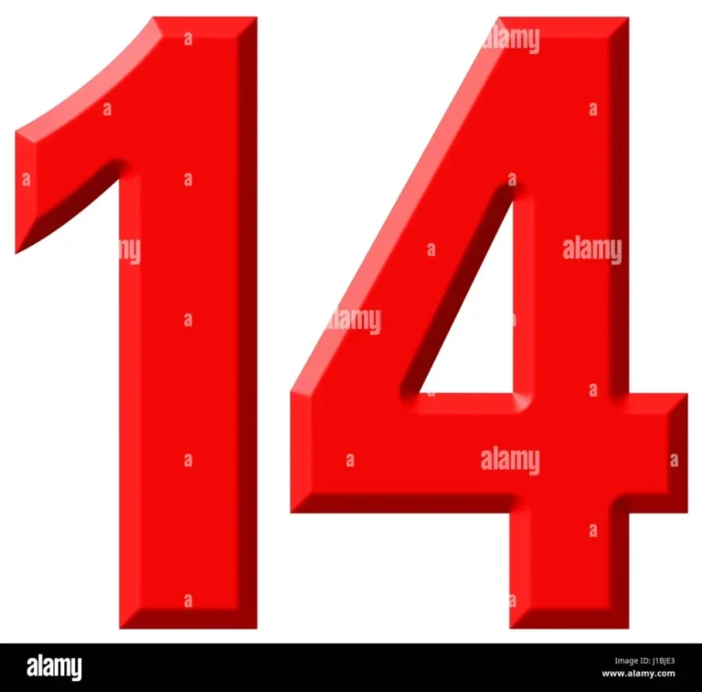 Angka 14 berwarna merah dengan efek 3D, terisolasi di latar belakang putih.