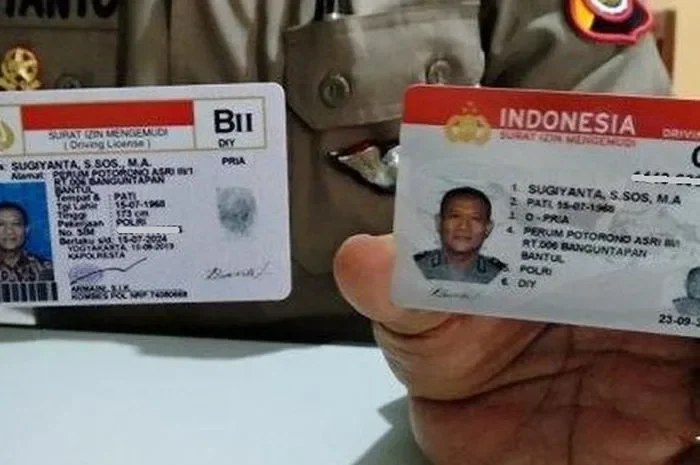 Dua SIM (Surat Izin Mengemudi) yang ditunjukkan oleh seorang petugas polisi.