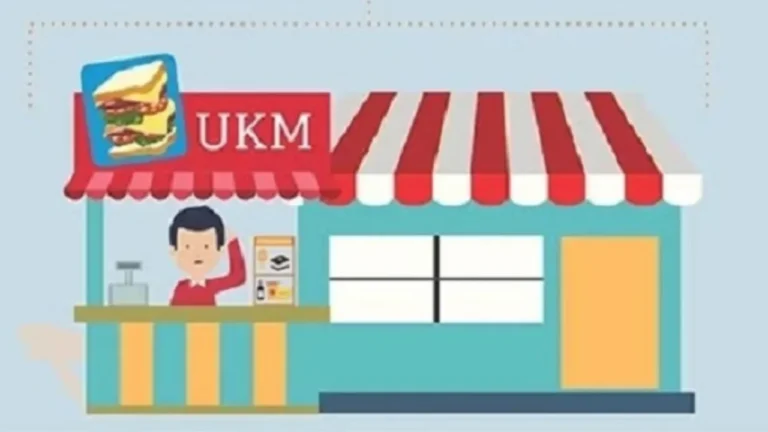 Ilustrasi toko UMKM dengan penjual, sandwich, dan tulisan "UKM" di atasnya.
