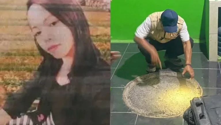 Foto Nurminah (kiri) dan polisi saat olah TKP sumur tempat korban ditemukan (kanan).