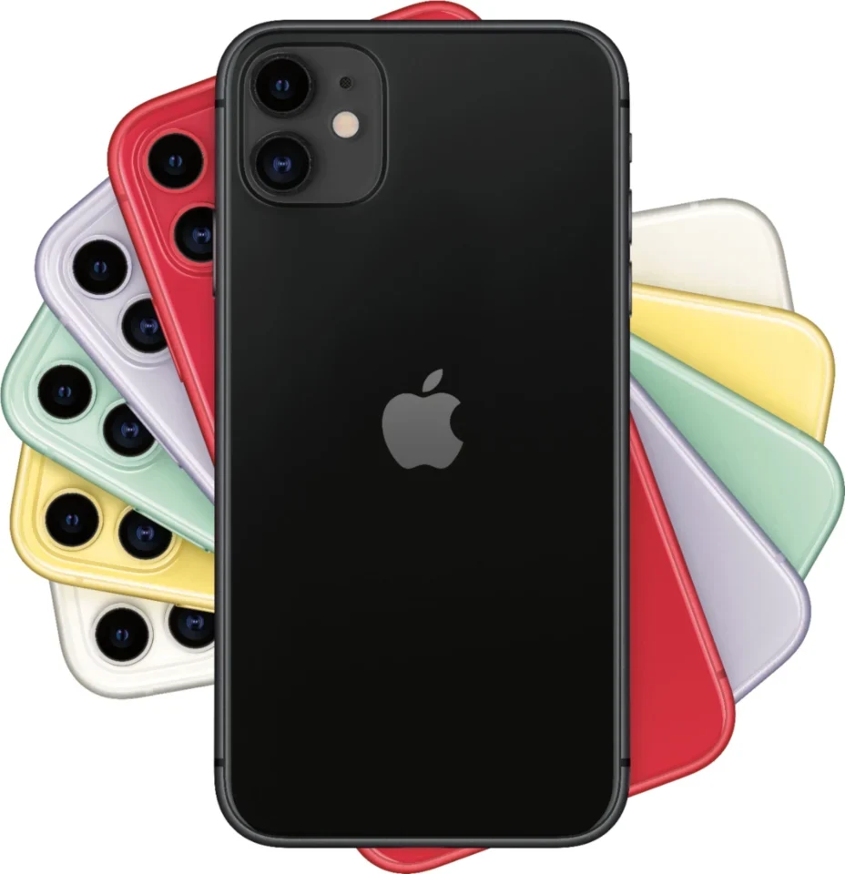 Beberapa iPhone berwarna-warni ditumpuk dengan iPhone hitam di depan, logo Apple terlihat.
