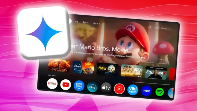 Tampilan Google TV dengan logo Gemini, menunjukkan antarmuka aplikasi dan konten hiburan.