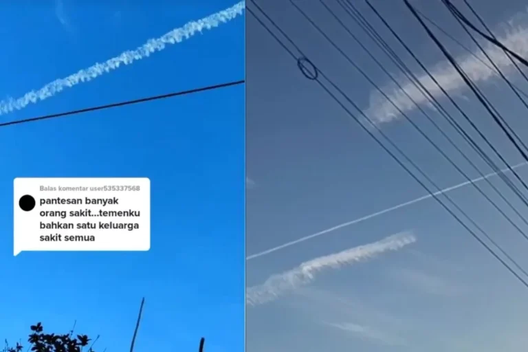 Jejak kondensasi pesawat di langit biru, memicu spekulasi warganet.