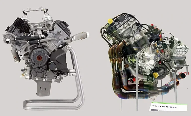 Detail mesin V4 Yamaha terbaru, dipamerkan di atas stand, tampak kompleks dan canggih.