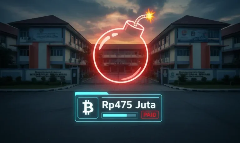 Ilustrasi ancaman siber, bom neon, dan pembayaran Rp475 juta Bitcoin di depan gedung institusi.