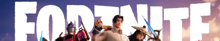 Logo Fortnite besar dan karakter game populer seperti Optimus Prime di latar depan.