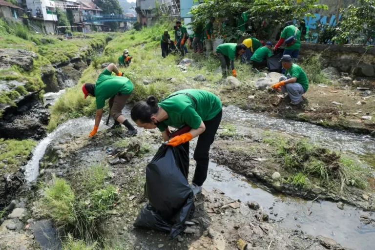 Sekelompok relawan berseragam hijau membersihkan sampah dan kotoran di pinggir sungai.