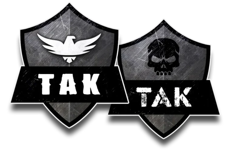 Dua emblem bergaya grunge dengan logo elang dan tengkorak, melambangkan pilihan keselamatan.