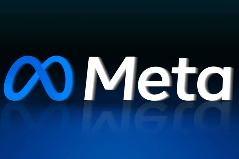 Logo Meta Platforms Inc. menampilkan simbol infinity biru dan tulisan "Meta" putih dengan efek 3D.