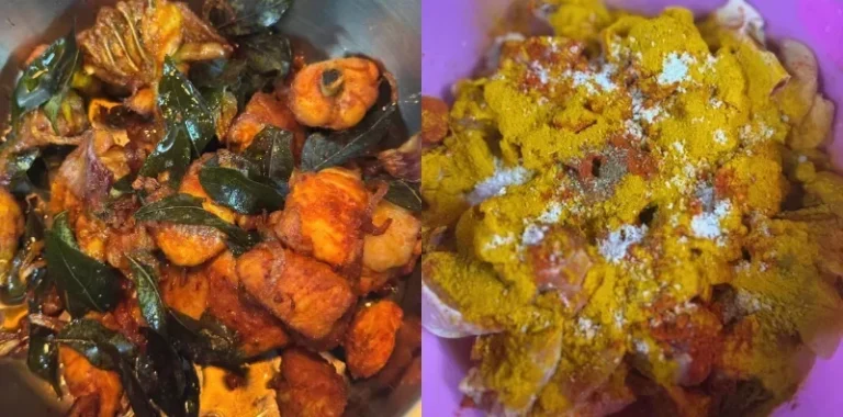 Kolase: ayam goreng berdaun kari dan potongan ayam mentah dibumbui rempah kuning.