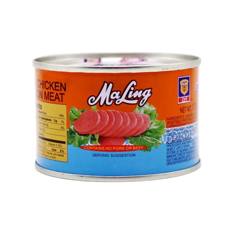 Kaleng produk makanan olahan Ma Ling Chicken Luncheon Meat berwarna oranye dan biru.