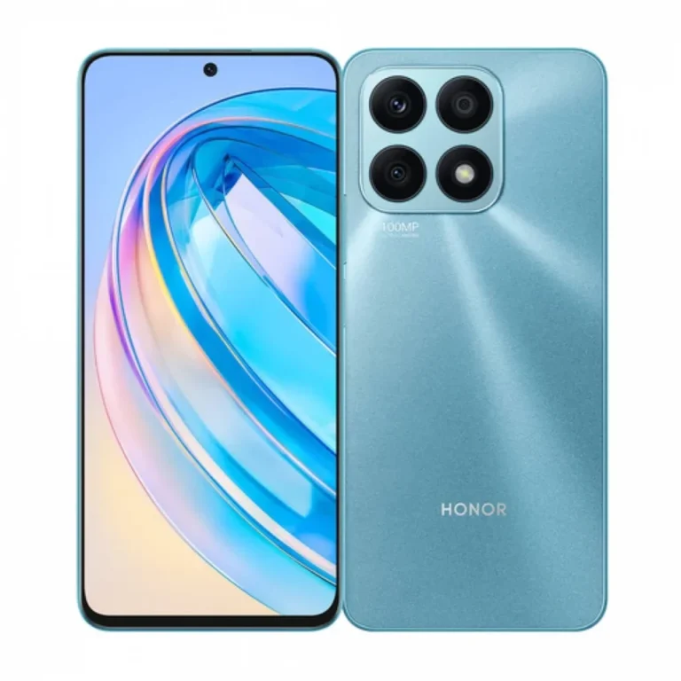 Smartphone Honor warna biru muda, tampak depan dan belakang dengan modul kamera 100MP.